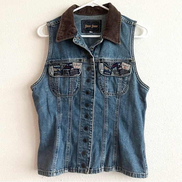 Guess Jeans Vintage Y2K Patchwork Pocket Corduroy Collar Denim Vest Size Large - Picture 1 of 7